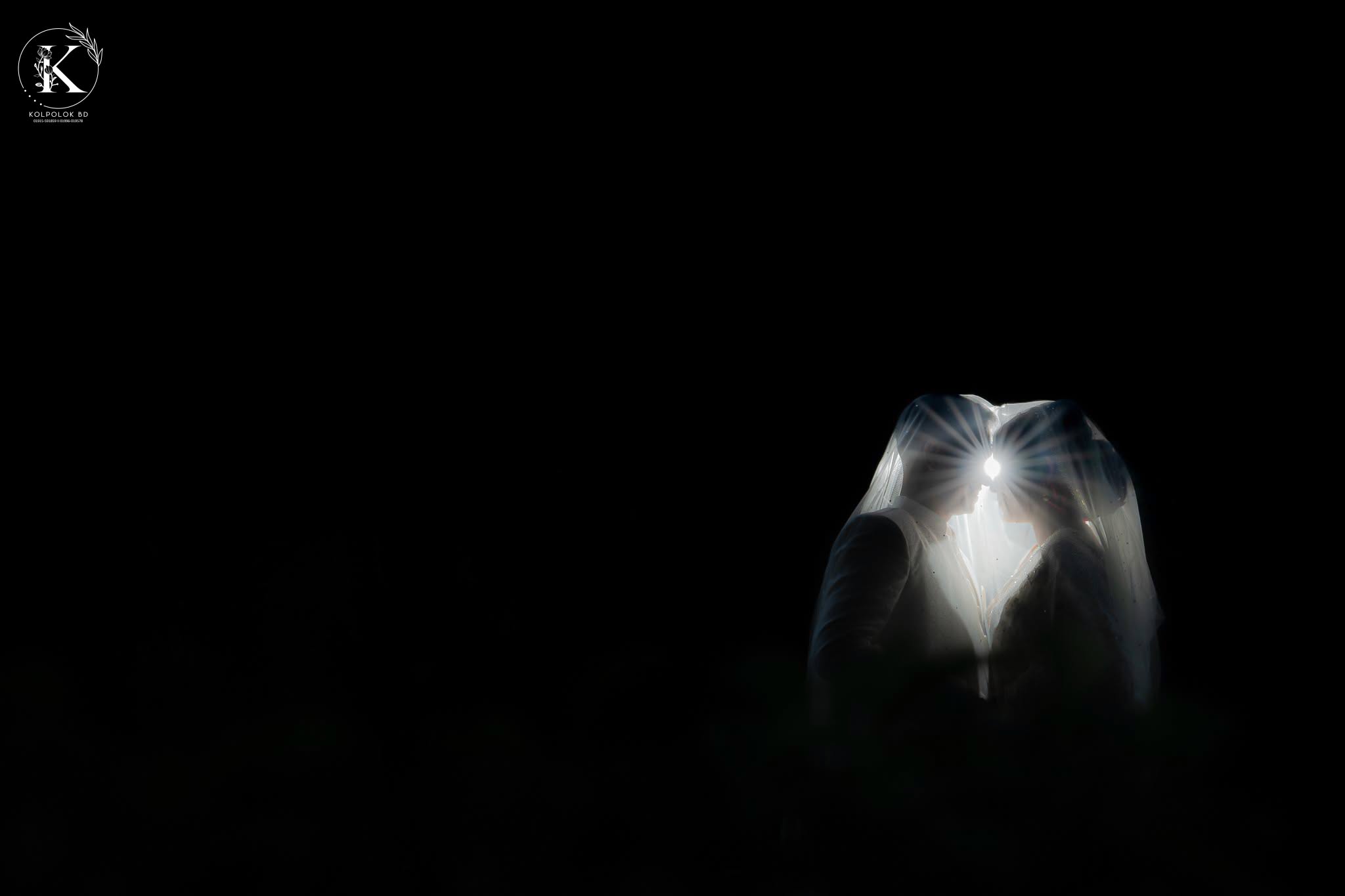 Artistic silhouette of a couple under a veil